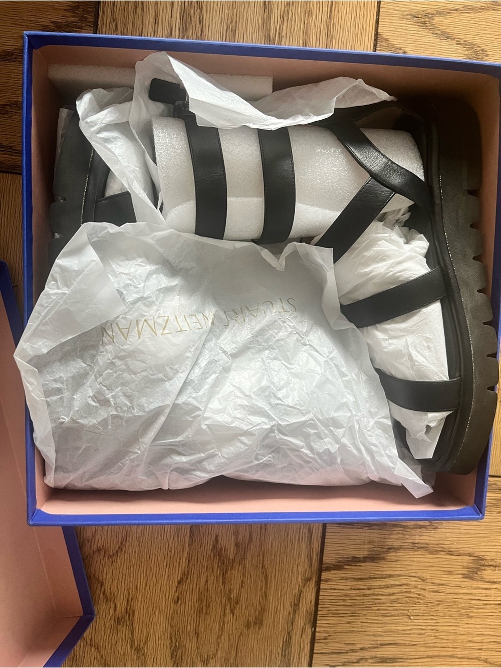 Stuart Weitzman Gala Lift Tall Black Leather Gladiator Sandal Size 9.5 - Picture 13 of 14